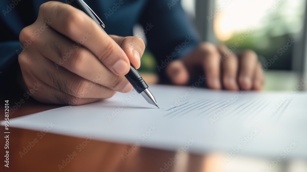 Poster person is signing document with pen, indicating acceptance of terms and conditions. focused action c