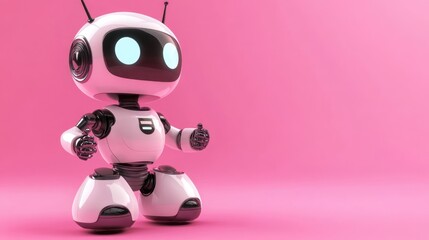 A cute, small white robot with glowing blue eyes poses against a pink background, exuding charm and friendliness.