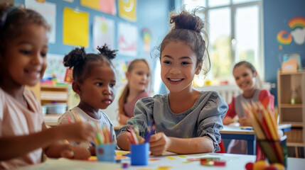 Fototapeta premium A group of preschool children engaged in a fun and creative arts and crafts activity in a bright and colorful classroom.