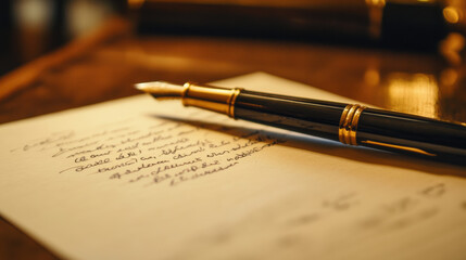 luxurious fountain pen rests on handwritten letter, showcasing elegant calligraphy and warm, inviting atmosphere. scene evokes sense of nostalgia and creativity