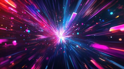 Fototapeta premium Vibrant burst of colorful light particles radiating from a central point, creating a dynamic cosmic effect.