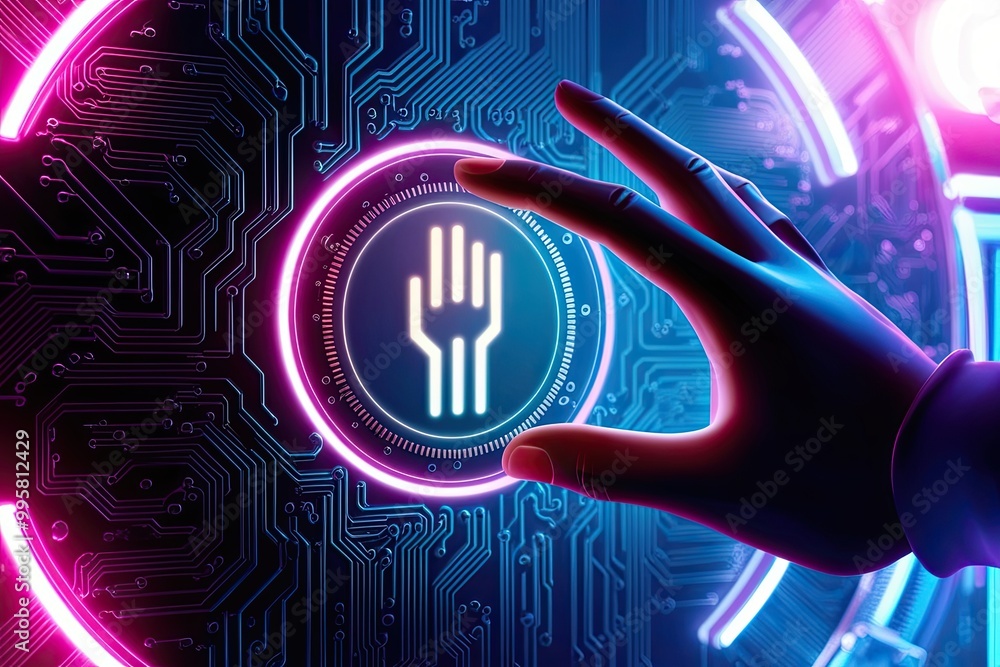 Poster artificial hand touching a circuit board icon in a cyberpunk neon background representing future tec
