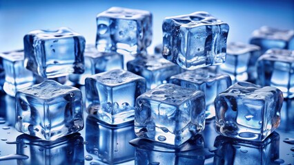 Ice cubes are melting on a reflective surface, creating puddles of water