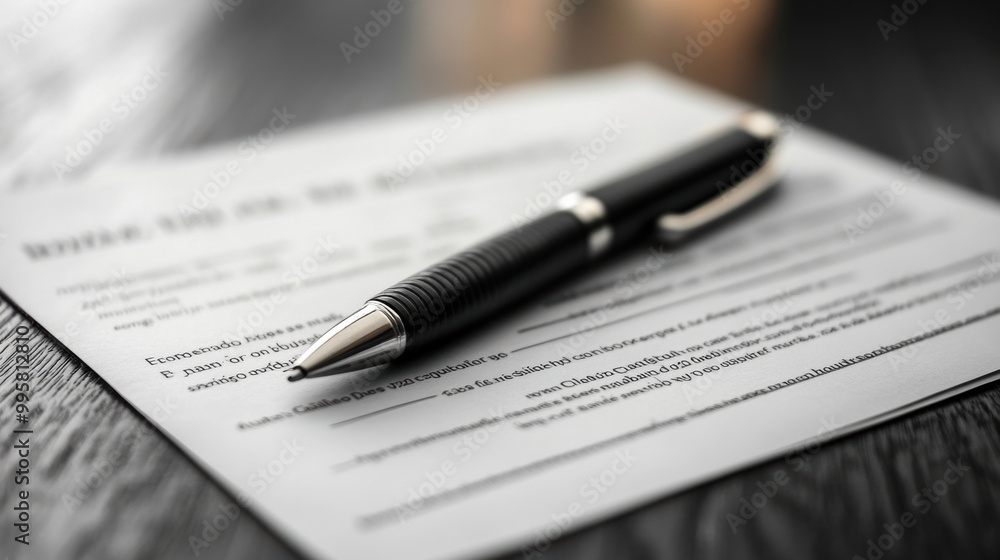 Poster signed document with pen resting on it, symbolizing completion of process. this image conveys sense 