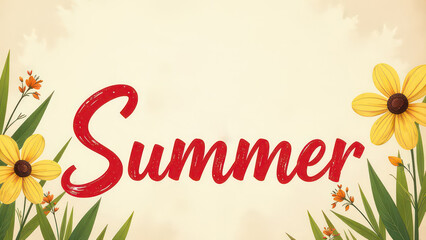 Obraz premium Big red handwriting thin letters “summer” over light flowers background