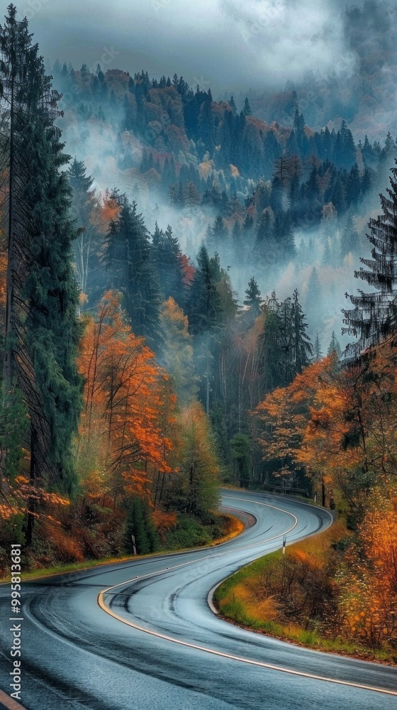 Poster a winding road with trees in the background