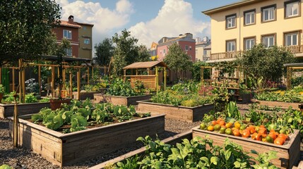 Urban garden and community farming. Community vegetable gardens in urban spaces. City agriculture