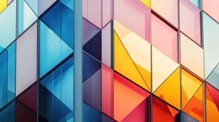 Vibrant geometric patterns of a modern glass facade showcasing an array of blue, pink, orange, and yellow colors.