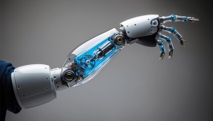 bionic arm connected to a human shoulder, blending advanced technology with the human body