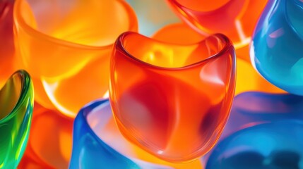 Colorful glass cups in vibrant shades of orange, blue, green, and red create a lively and artistic display.