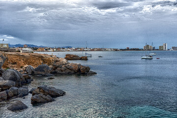 Grouping of recreational boats in the sea.