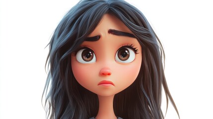 Fototapeta premium A young female cartoon character with expressive large eyes and messy black hair, conveying a sense of vulnerability and emotion.