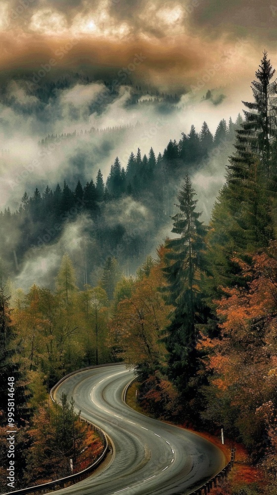 Poster a winding road with trees in the background
