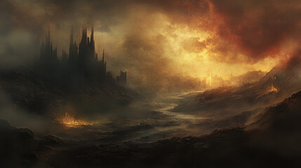Fototapeta premium A haunting landscape of dark ruins beneath a fiery sky in an ancient, forgotten realm