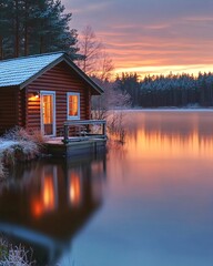Fototapeta premium A cozy cabin with lit windows sits on a frozen lake at sunset.