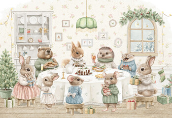 Watercolor vintage composition of room with Christmas party for many different animals in clothes around a table with food. Hand drawn illustration sketch © Mimomy