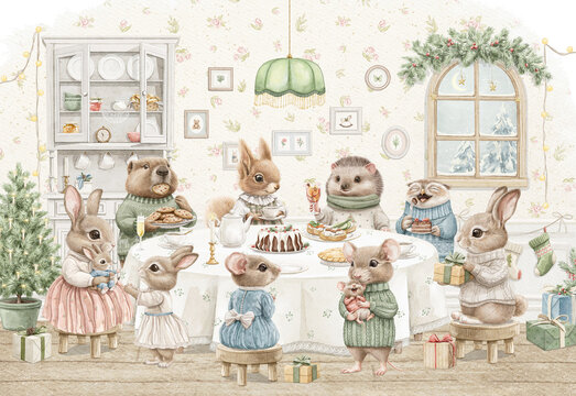 Watercolor vintage composition of room with Christmas party for many different animals in clothes around a table with food. Hand drawn illustration sketch