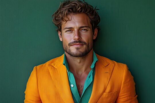 an ultrahandsome man exudes charisma and joy dressed in bright clothing standing against a solid green backdrop radiating positive energy