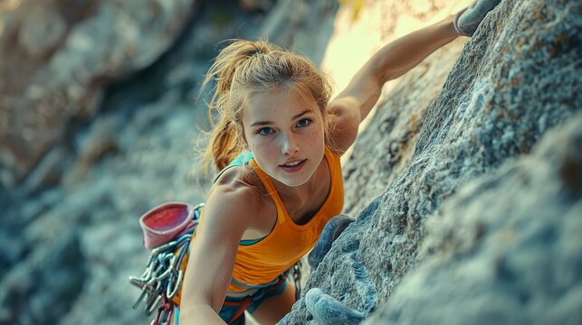 Focused young woman rock climbing in bright attire, skillfully navigating a steep cliff, embodying determination. - Powered by Adobe