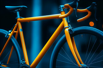 A Close-Up of a Yellow Bicycle Frame with Black Handlebars and Tires, in Front of a Blue Background.