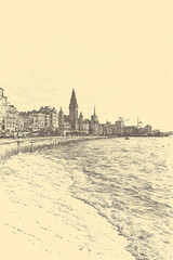 Fototapeta premium Portsmouth, Dominica, color pen pencil hand-drawn effect drawing illustration for travel poster, card, wallpaper, backdrop or banner. Modern, clear, artistic and simple