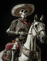 Obraz premium A skeleton wearing an old Mexican hat rides on the back of a white horse against a gray studio background.Minimal creative Halloween holiday concept.Copy space.