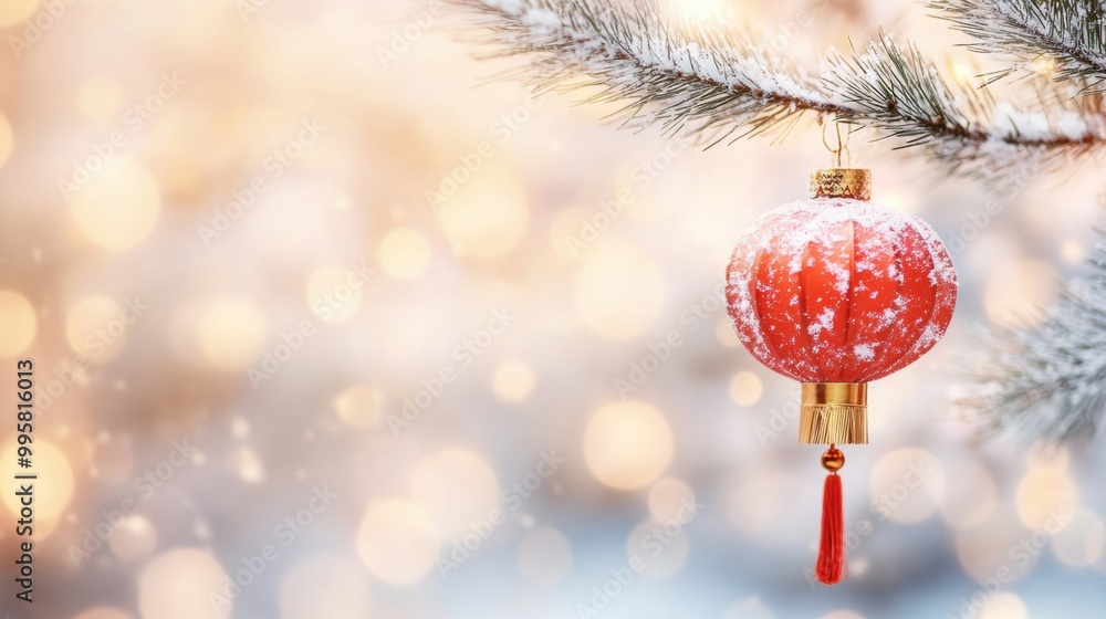 Poster a bright red lantern dangles from frosted pine branches, surrounded by soft winter light and delicat