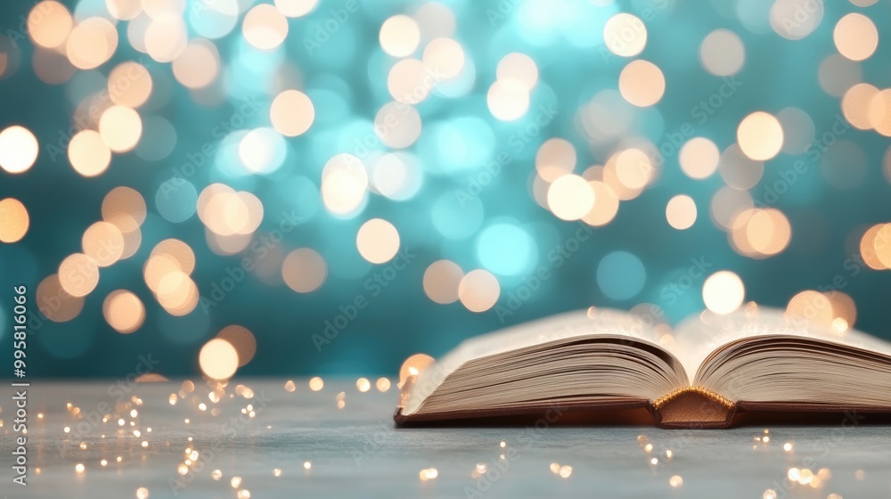 Poster an open book lies on a table, surrounded by a beautiful bokeh backdrop that sparkles and enhances th