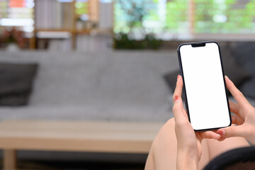 Close up shot of woman holding smartphone with blank screen in living room