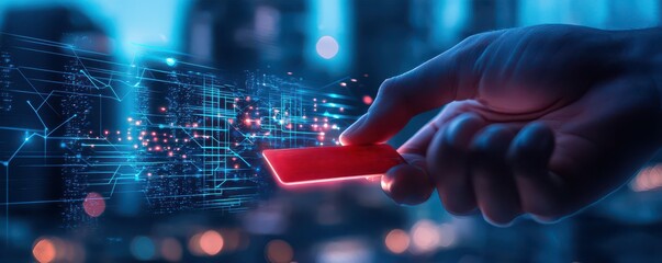 A hand holding a red object interacts with a digital interface displaying glowing data patterns against a futuristic urban backdrop.