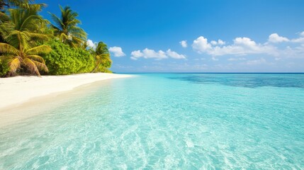 Fototapeta premium A pristine tropical beach features soft white sand and crystal-clear turquoise water under a sunny blue sky, perfect for a getaway