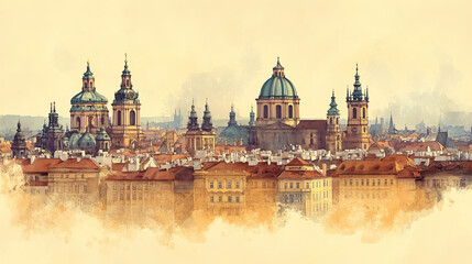 Prague, Czech, color pen pencil hand-drawn effect drawing illustration for travel poster, card, wallpaper, backdrop or banner. Modern, clear, artistic and simple