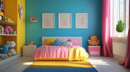 A vibrant children's bedroom featuring colorful walls and plush toys, creating a cheerful atmosphere.
