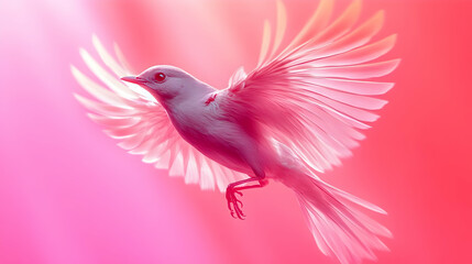 A Delicate Pink Bird Soaring Through a Softly Lit Pink Sky, with Feathery Wings Spread Wide