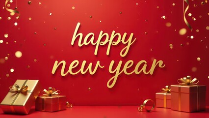 Big golden handwriting thin letters “happy new year ” over red background with golden gifts on it 