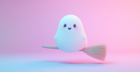 A photo of a cute ghost riding on a broom against a pastel pink background with smoke.Minimal creative Halloween holiday concept.Copy space,flat lay
