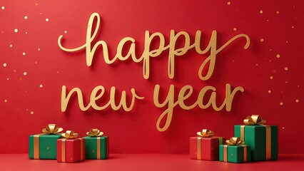 Big golden handwriting thin letters “happy new year ” over red background with golden gifts on it 