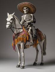 Obraz premium A skeleton wearing an old Mexican hat rides on the A skeleton wearing an old Mexican hat rides on the back of a white horse against a gray studio background.Minimal creative Halloween holiday concept.