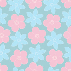 Floral pattern. Blue and pink inflorescence of blooming plant. Seamless vector pattern. Isolated green background. Endless summer ornament of opened flower buds.