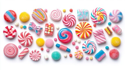 An assortment of colorful candies is artfully scattered against a clean white background, creating a vibrant and playful display. 
