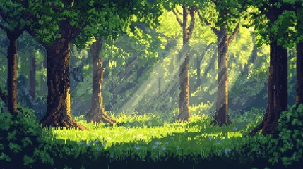Naklejka premium Sunbeams Filtering Through a Lush Green Forest
