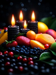 Obraz premium Colorful Fruits and Candles on Dark Background