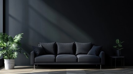 Obraz premium Modern black sofa against a dark wall with decorative plants, creating a stylish and serene living room scene.