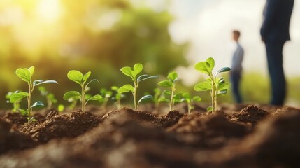 Two men observe small green plants growing in rich soil under soft sunlight, symbolizing growth and potential.