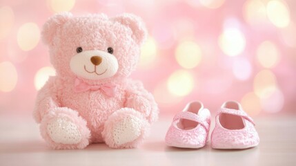 Obraz premium A charming pink teddy bear is placed next to sweet baby shoes on a lovely pink backdrop, ideal for celebrating a new arrival