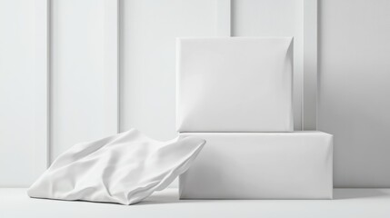 Three minimalist white packages, featuring a smooth surface and a wrinkled fabric, create a serene, modern aesthetic.