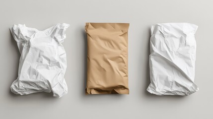 Three crumpled packages in varying colors, showcasing eco-friendly packaging solutions laid out on a neutral surface.