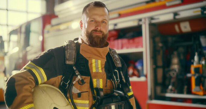 Caucasian Male Firefighter in Full Gear Ready for Duty, Standing in Front of a Fire Truck, Posing, Turning to Camera and Smiling. Portrait of a Brave and Determined Young First Responder