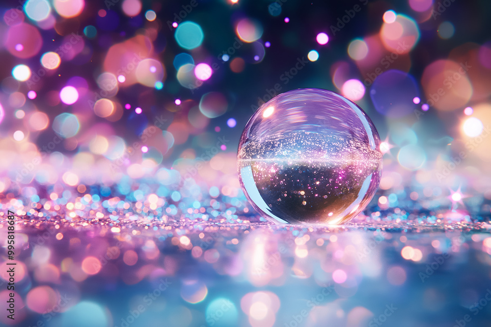 Poster the globe captures light beautifully while resting on a glimmering surface, surrounded by colorful b