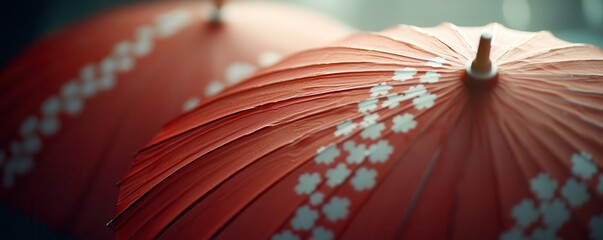 Close-up of vibrant red umbrellas with intricate white patterns creating a captivating and artistic design